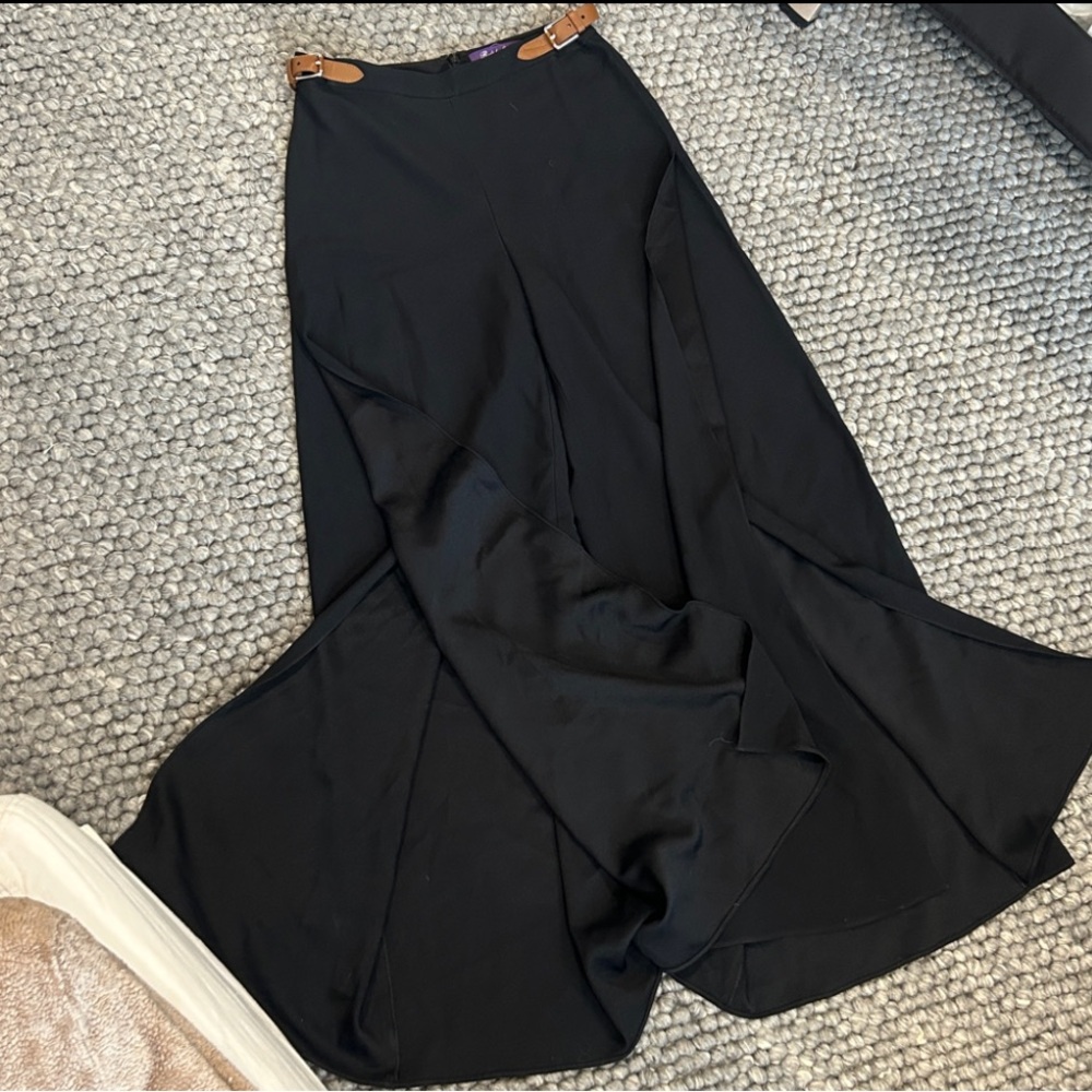 Ralph Lauren Purple Label Black Leather Brown Leather Buckle Open Leg Trousers